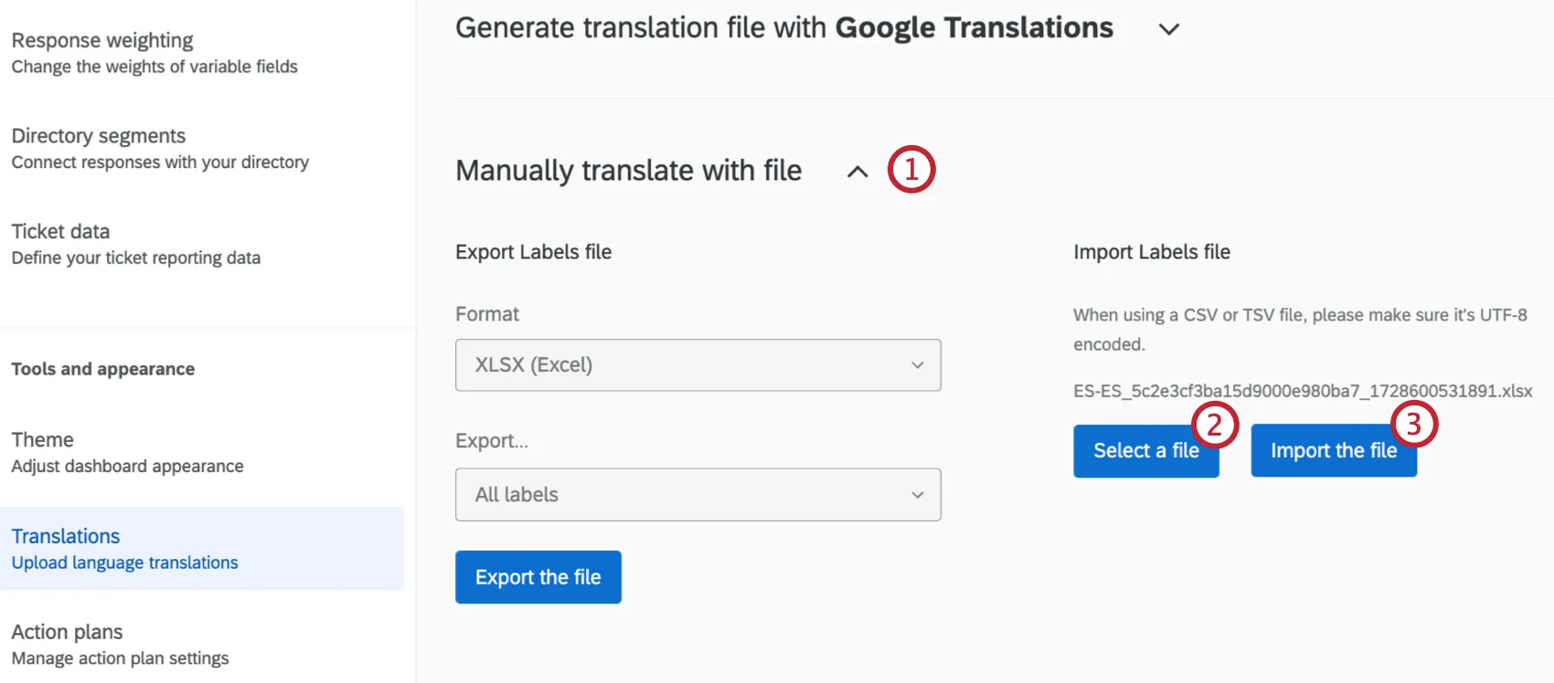 etapas para importar manualmente um arquivo de tradução