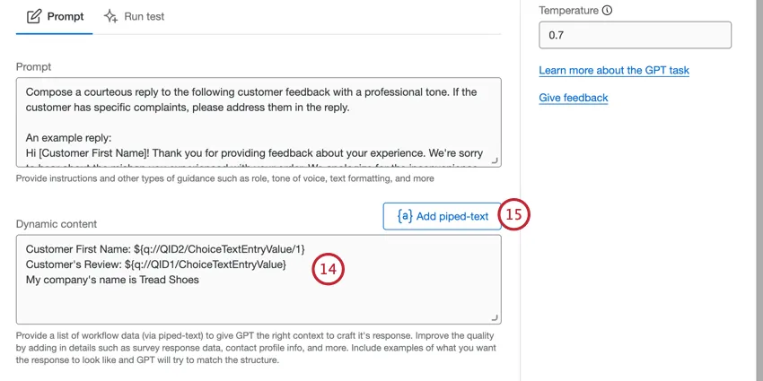 adding dynamic content via the piped text menu