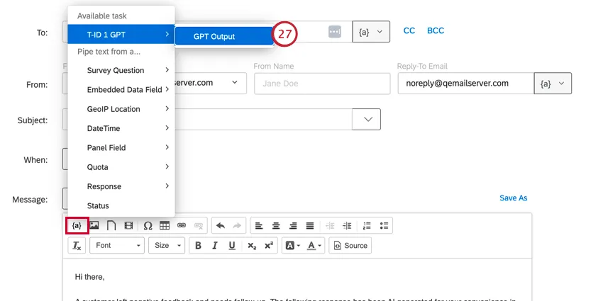le menu de texte inséré pour un résultat gpt de chat