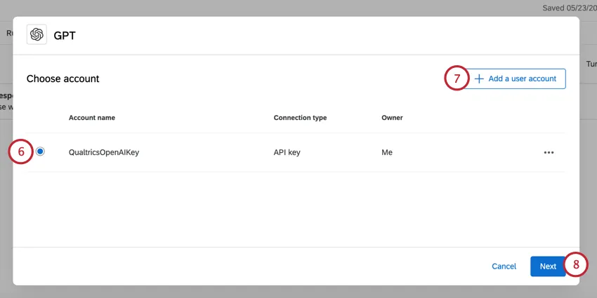 choosing a GPT account or adding a new one