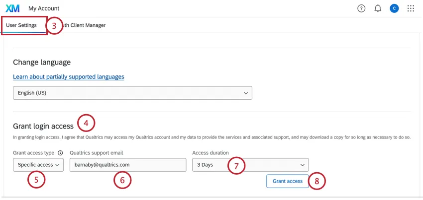 in the user settings tab, granting login access to support