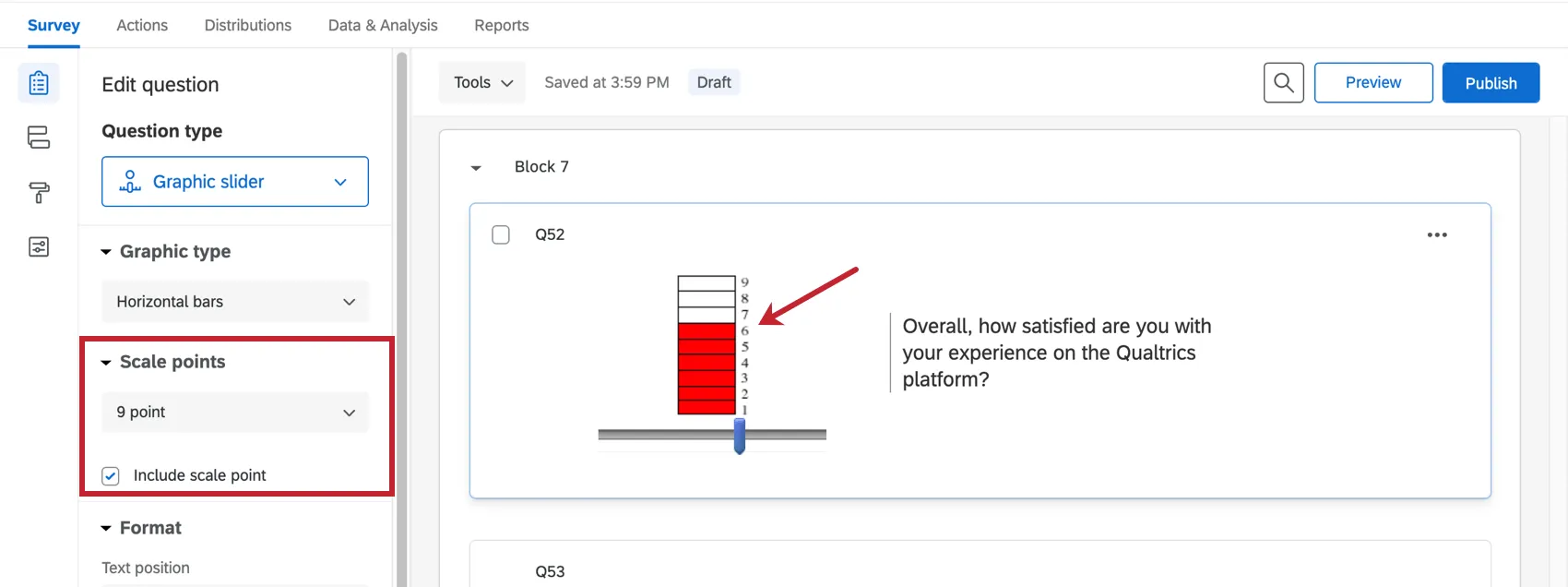 Bar slider set to a scale of 9, filled in red to the sixth block