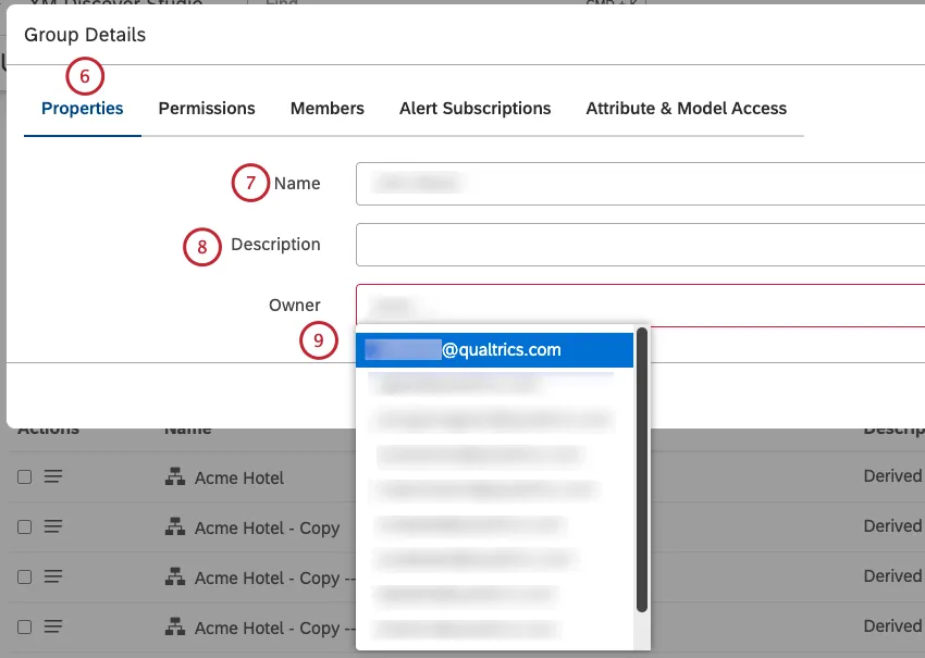 In the Group Details window you can define group properties. Select the Properties tab. Enter a unique name for the group in the Name box. Enter a description of the group in the Description box. This step is optional. Enter the email address of the user or part of it in the Owner box, wait for the email address to appear in the list, and select it.