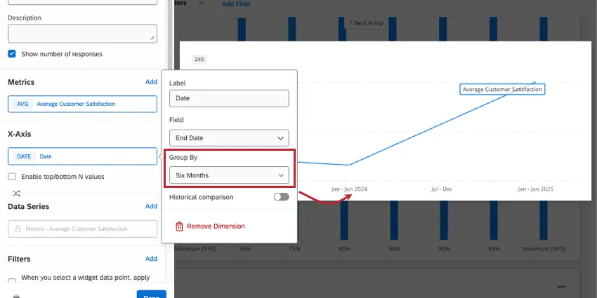 widget della riga in corso di modifica; nel riquadro di modifica, le impostazioni in cui si selezionano il tipo di data e di intervallo di tempo
