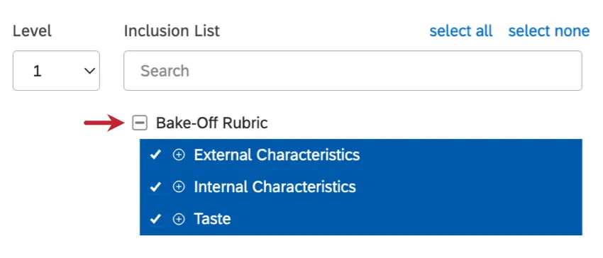 topmost level of the topics with a gray minus sign next to it, and everything below it selected with blue checkmarks