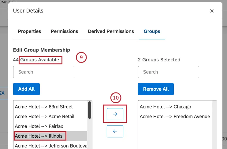 To add the user to a group, select the group in the left column (Groups Available). Move the group to the