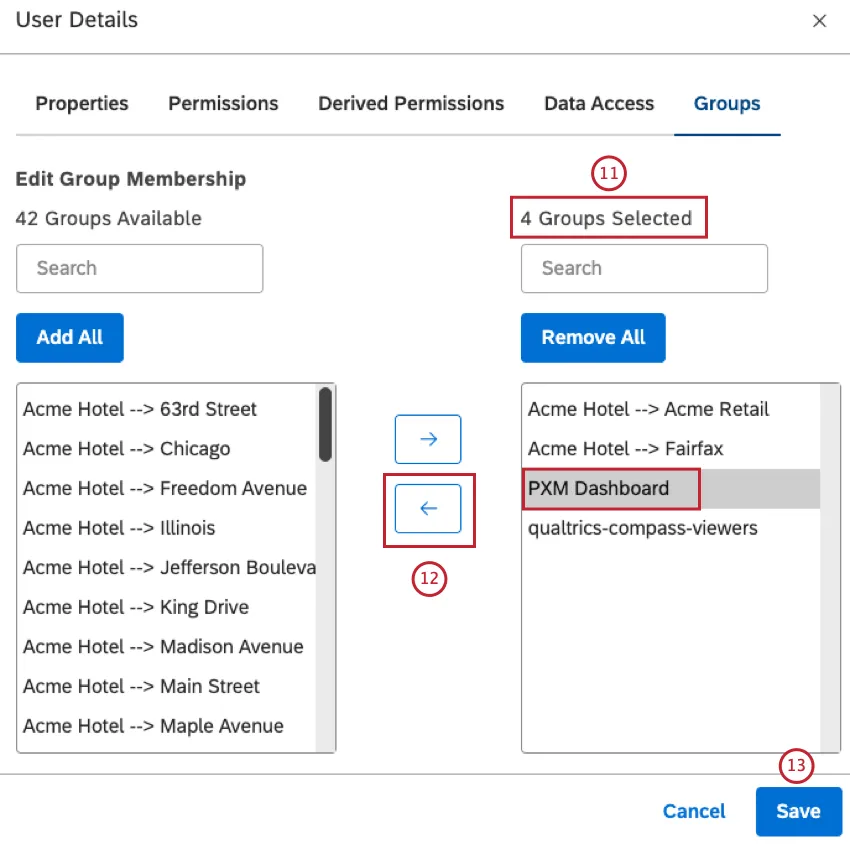 To remove a user from a group, select the group in the right column (Groups Selected). Move the group to the left column (Groups Available) by clicking the left-facing arrow. Click Save.