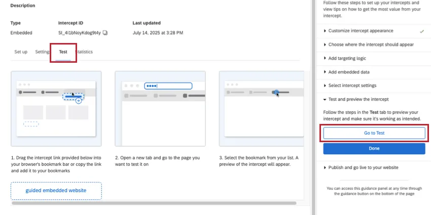 button for test highlighted on the genral intercept page and on the guidance sidebar to the right