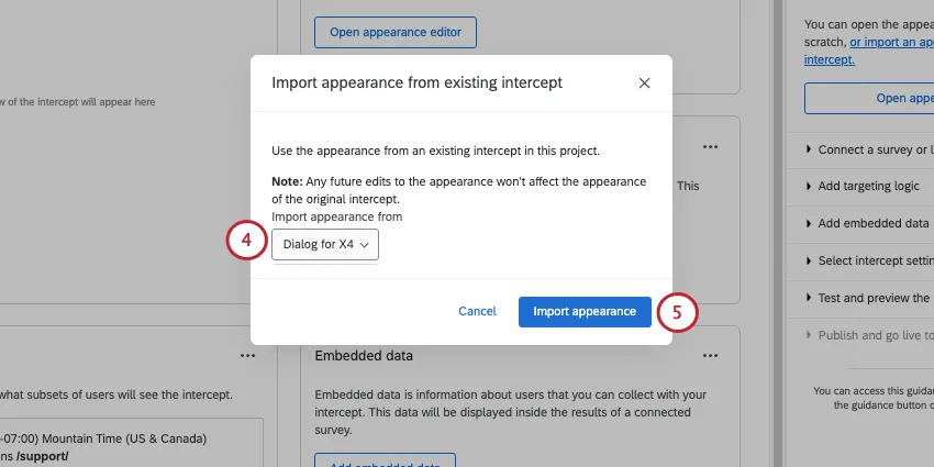 new window where you select the intercept you want to copy the appearance from