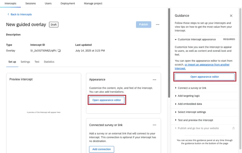 button for appearance editor highlighted on the genral intercept page and on the guidance sidebar to the right