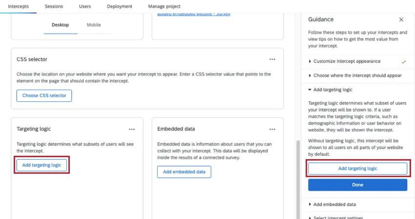 button for targeting logic highlighted on the genral intercept page and on the guidance sidebar to the right