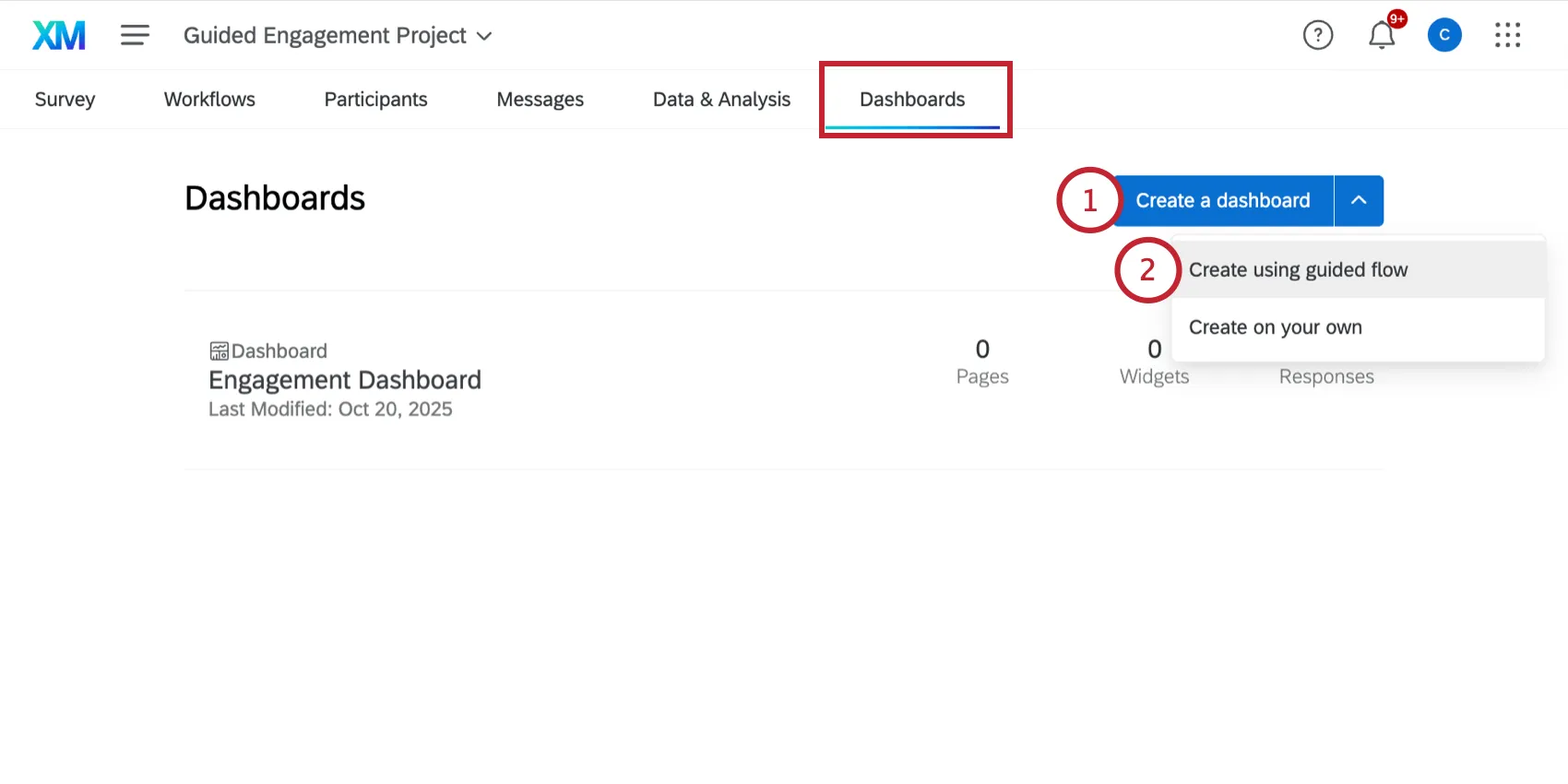 selecionar o fluxo guiado ao criar um novo dashboard engajamento