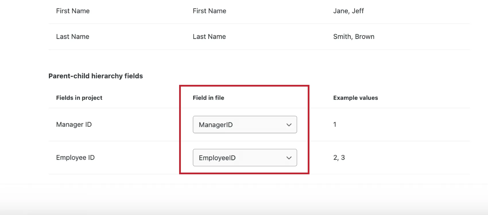 das Dropdown-Menü für die Neuzuordnung von Feldern der Organisationshierarchie