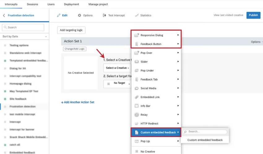 alter Intercept Editor - Auswahl eines Creative Dropdowns erweitert
