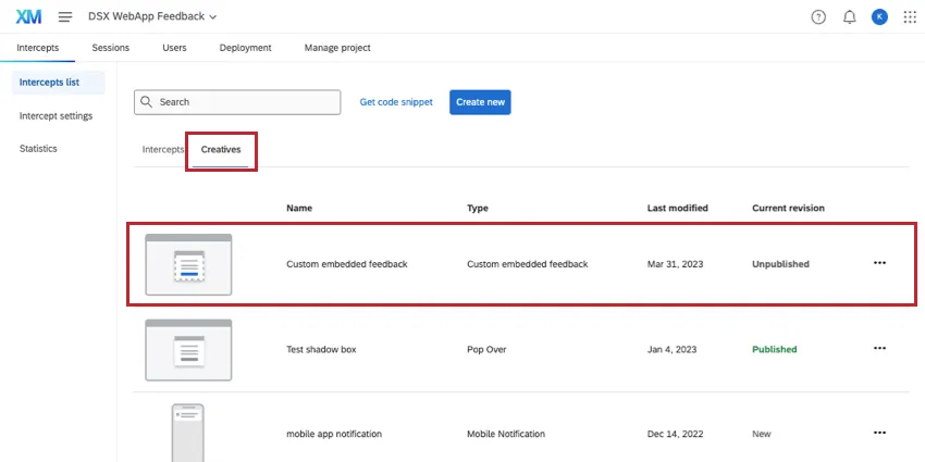 section créative de la liste des intercepts