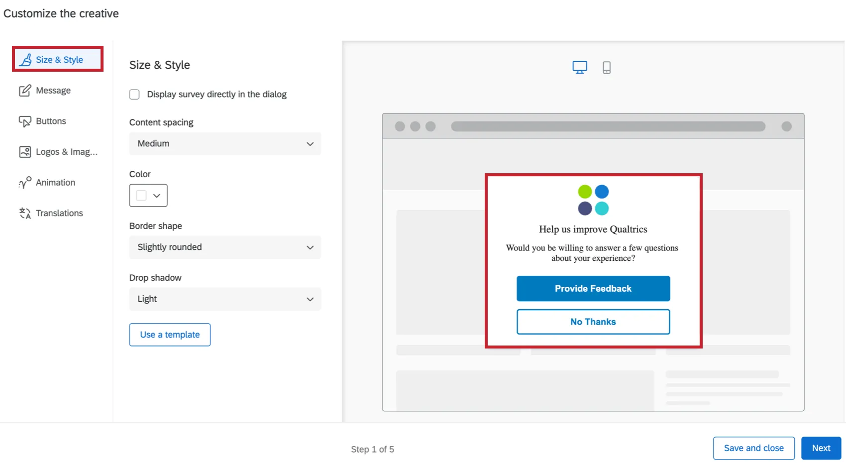 Size & style section in the responsive dialog creative