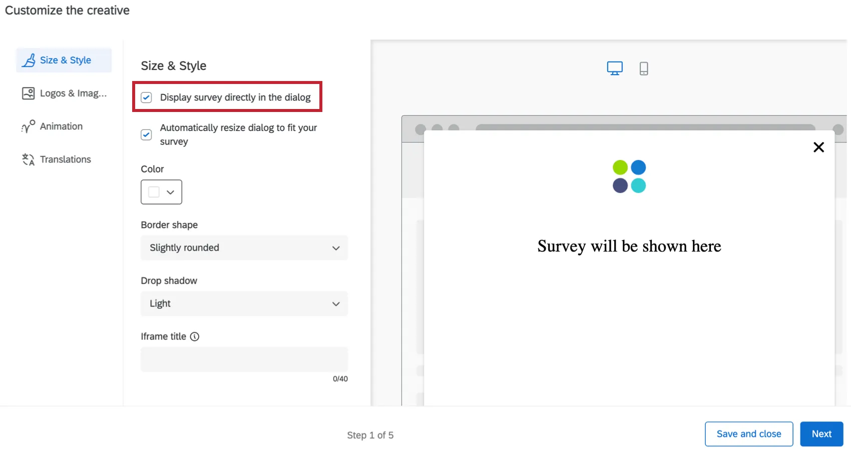 Options for Size & Style in the responsive dialog creative editing box