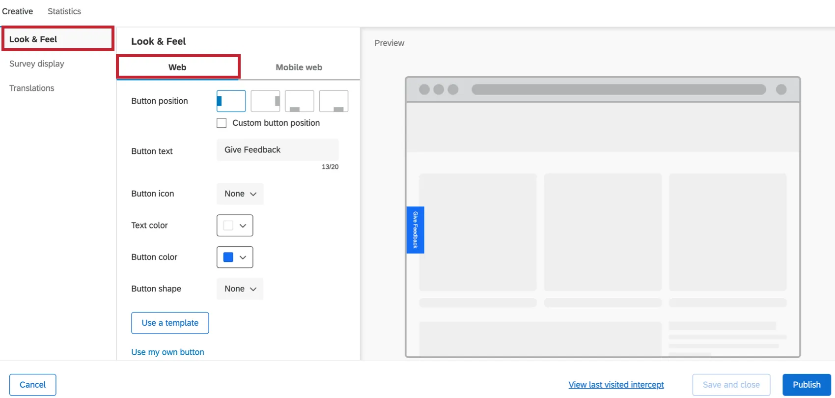Sezione Aspetto e tema del pulsante Web di feedback