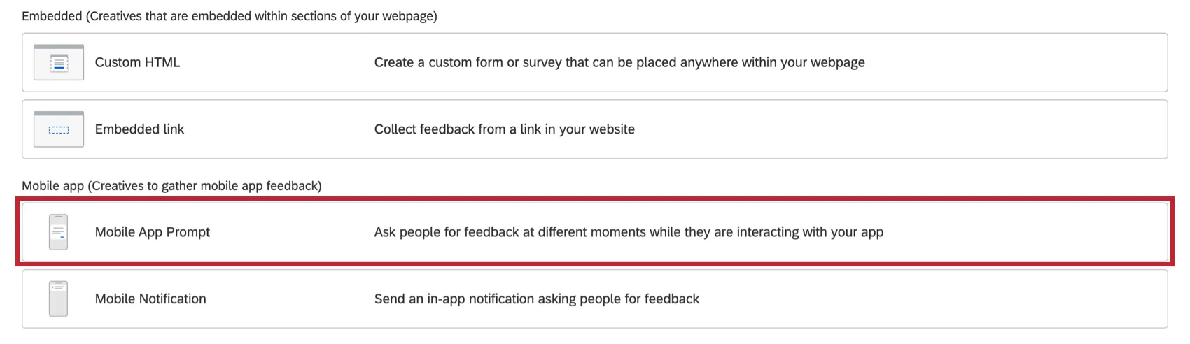 The Create New Creative window with Mobile app Prompt selected and the Create Creative button highlighted on the lower-right