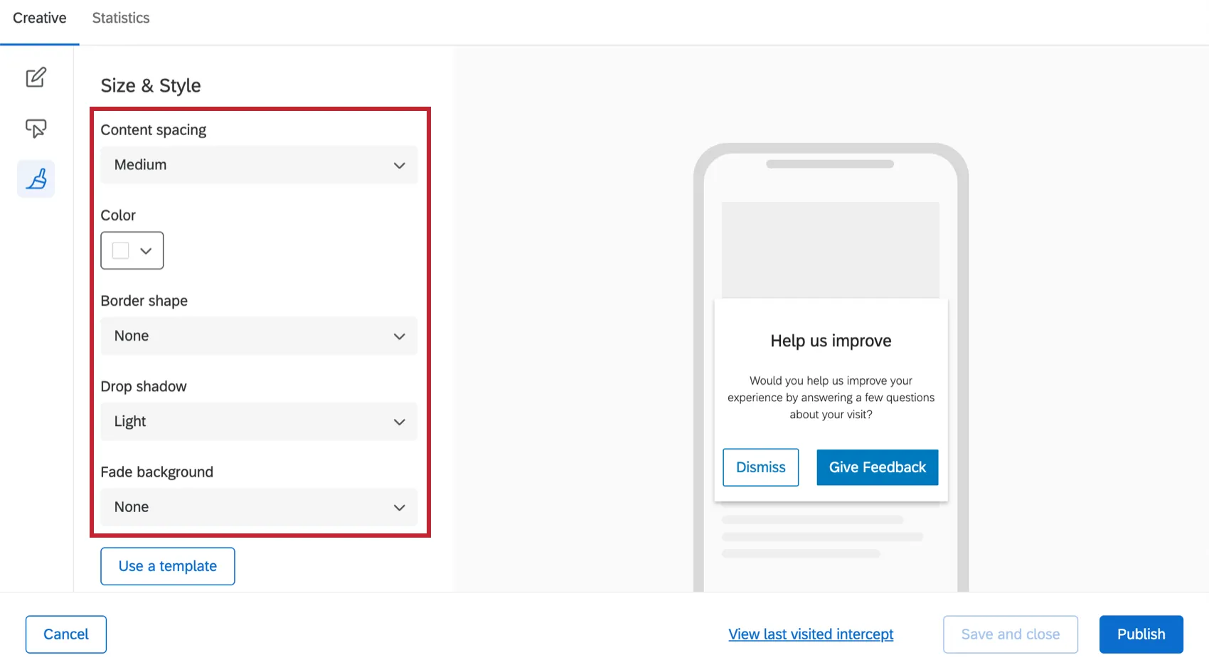 La section Taille et style de la zone de conception. Les options dédition se trouvent au centre et un aperçu apparaît à droite.