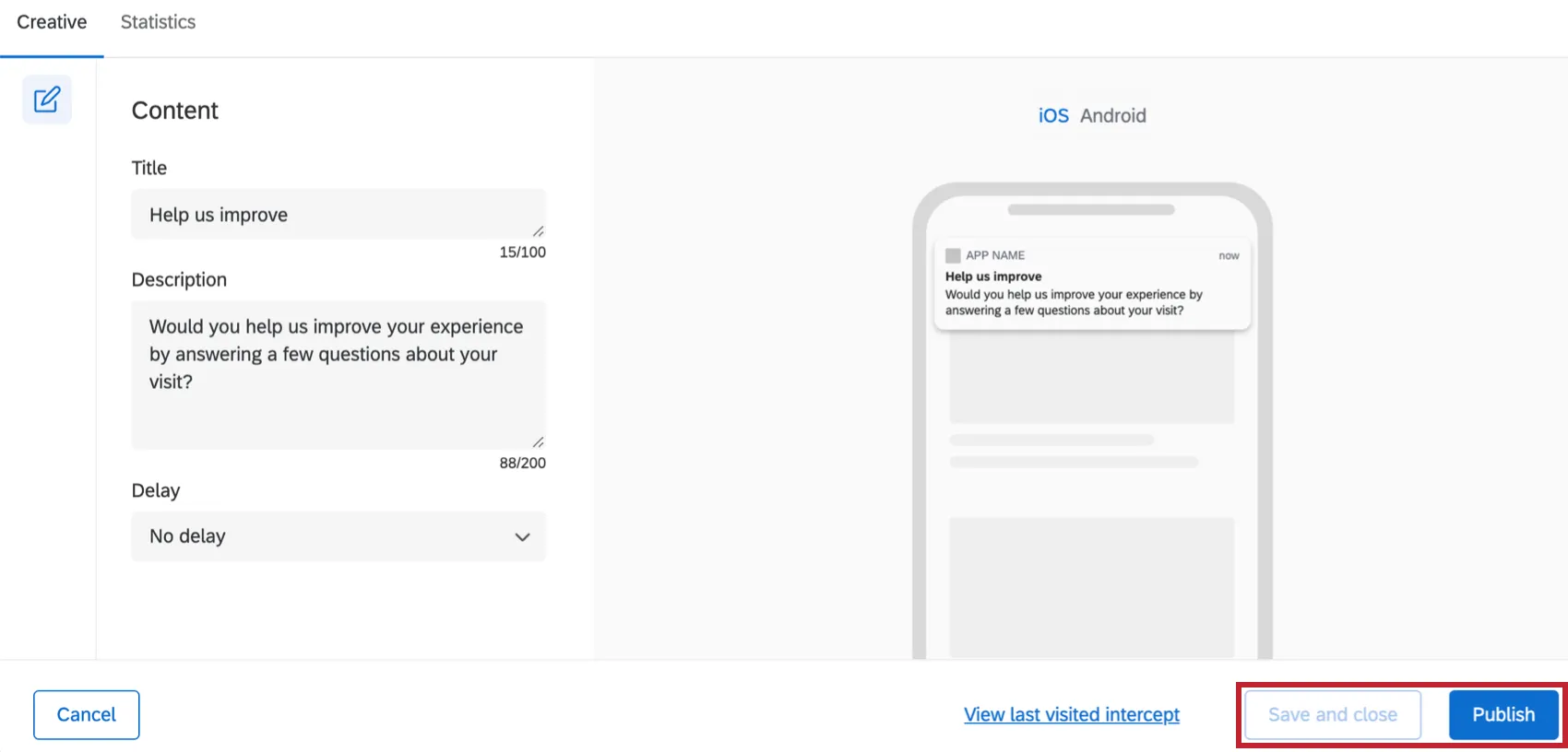 Save Changes and Publish Creative button in upper-right