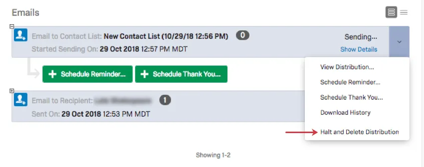 Distribution says it is sending... Dropdown has halt and delete option at the bottom