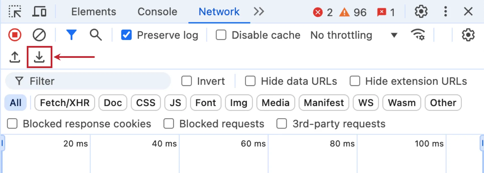 botão de download na guia de rede do Chrome
