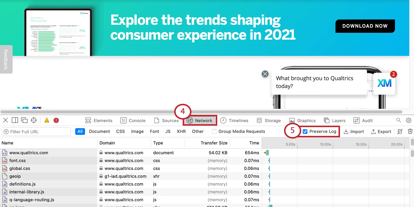 Network tab open; a little lower, to the right, [reserve log is checked