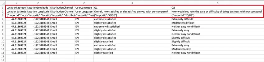 Tre intestazioni evidenziate in un file di dati