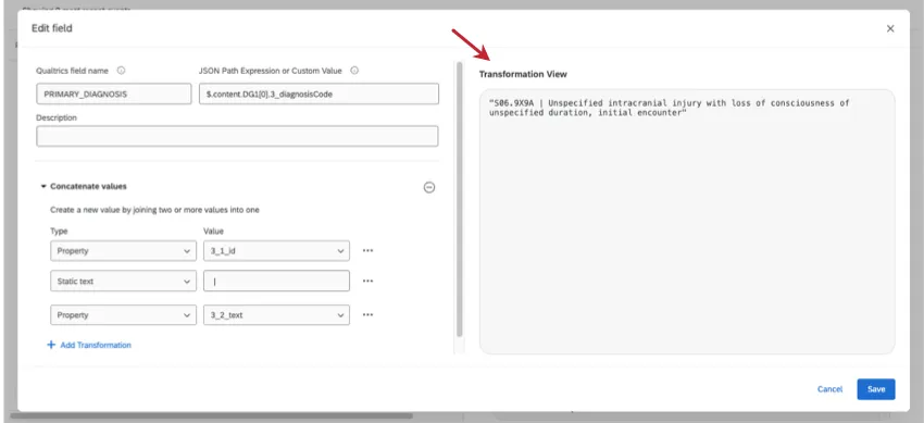 Visualização de transformação formatada em JSON