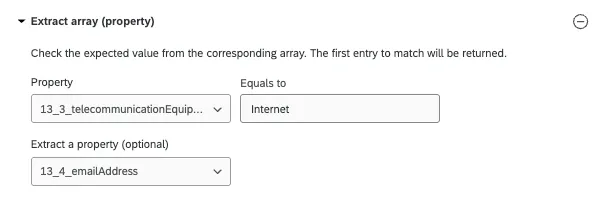 extract array property - property 13 underscore 3 underscore telecommunications equipment equal to Internet extract a property 13 underscore 4 underscore email address