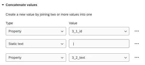 concatenate values 3 fields: 1 is property, value 3 1 ID. 2 is static text, upwards dash |. 3 is property, 3 2 text