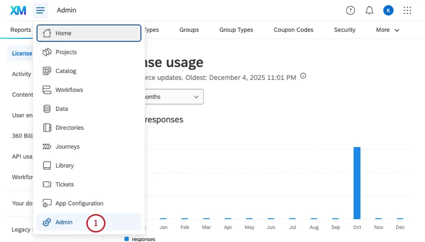 das globale Hamburger-Menü wird geöffnet und Admin ist ausgewählt