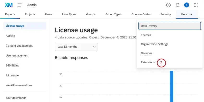 more menu in admin is opened and extensions are highlighted