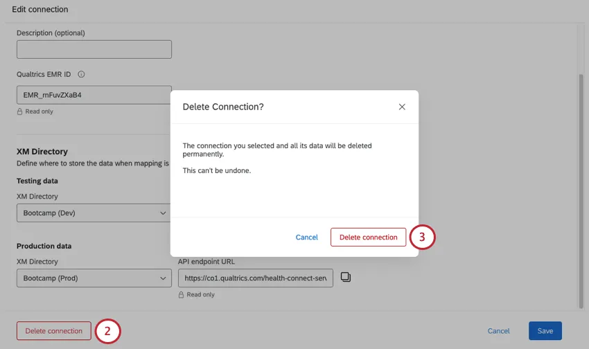 delete button at bottom of next page opens a new modal where you have to confirm your selection