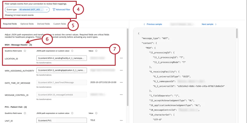filtern von Zuordnungen und Durchsuchen von Feldern, Anzeigen einer JSON-Vorschau auf der rechten Seite