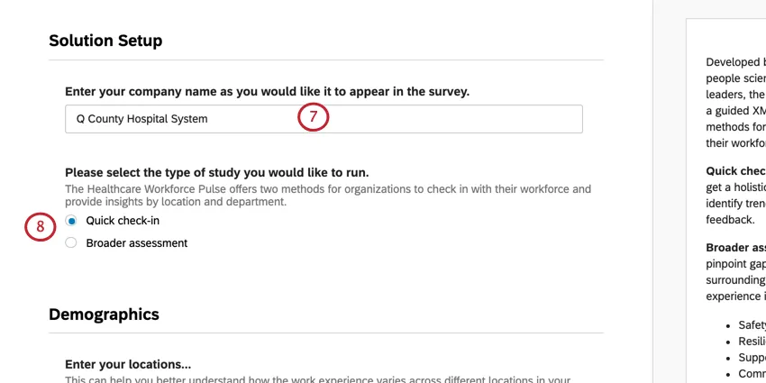 Field for company name, then type of assessment choice. Next button blue, bottom-right