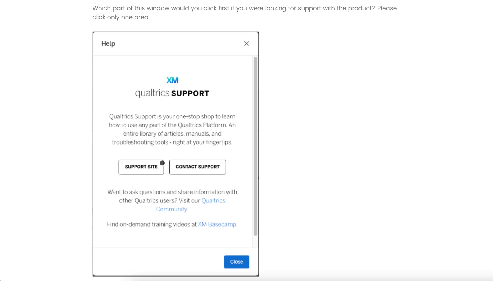 Una schermata della scheda Aiuto di QUALTRrics in cui il pulsante del sito di supporto è evidenziato da un cerchio grigio