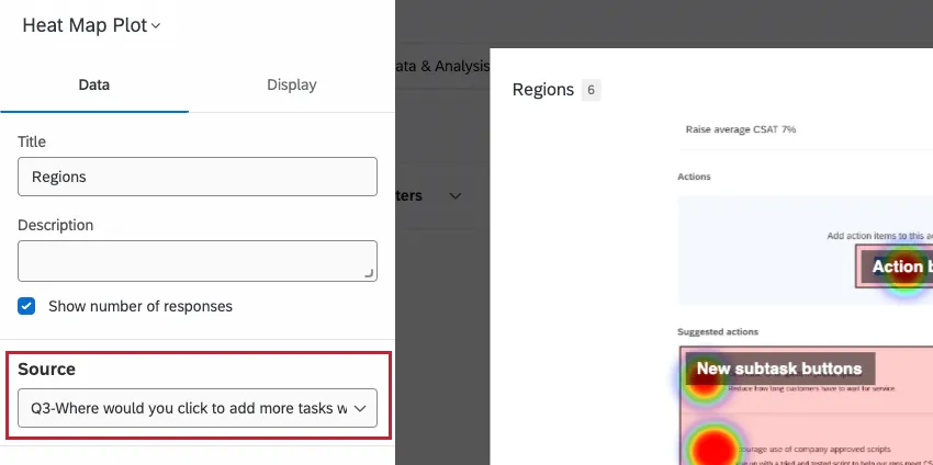 editing a heat map plot in dashboard, editing pane opens to left, source field is highlighted