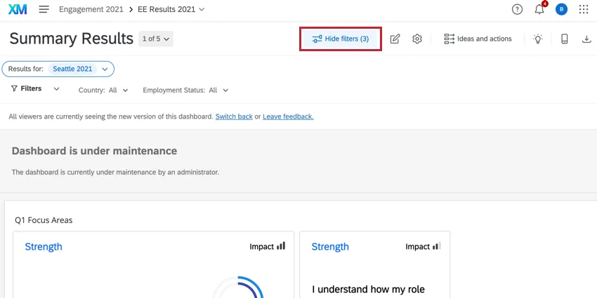o botão ocultar filtros