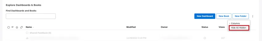 Hide All Hidden (visibility is on). Indicates that hidden items are currently shown.