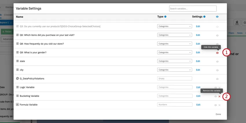 フィールドの非表示と削除には、それぞれ目のアイコンと x アイコンを使用します。