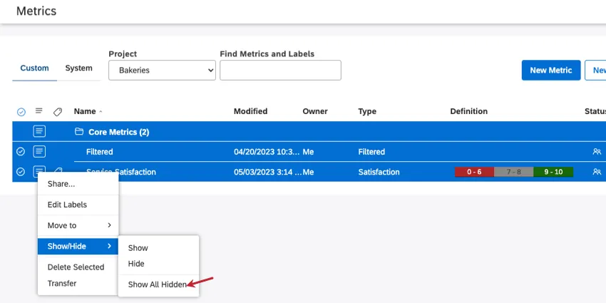Menú al siguiente de múltiples seleccionados, mostrar ocultar sobre el cursor, luego mostrar todos los resaltados ocultos