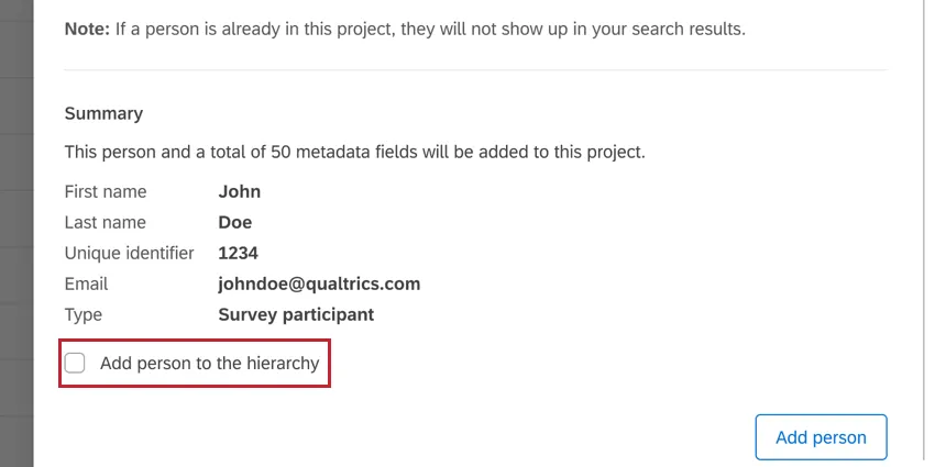 a caixa de seleção adicionar pessoa à hierarquia