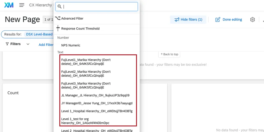 viewing org hierarchy fields available in a filter