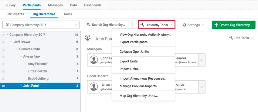 the hierarchy tools dropdown at the top of the org hierarchies tab