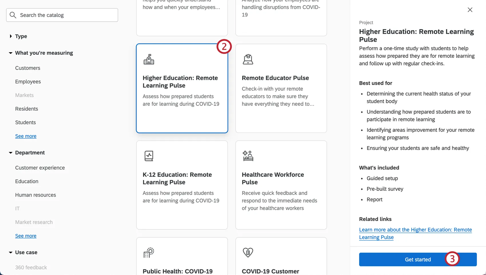 Image of catalog, selecting the described project, seeing a sidebar open on the right describing it, ending with a button to get started creating it