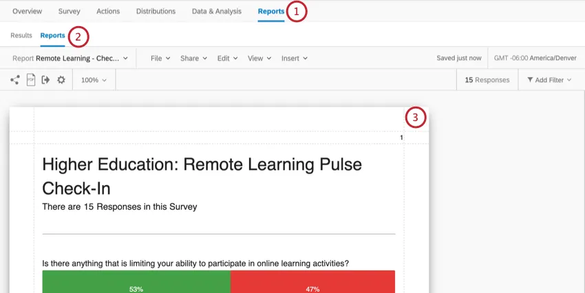 Reports is last tab. Under that, another reports button, to right of Results. Screenshot shows the report, with a blue bar graph