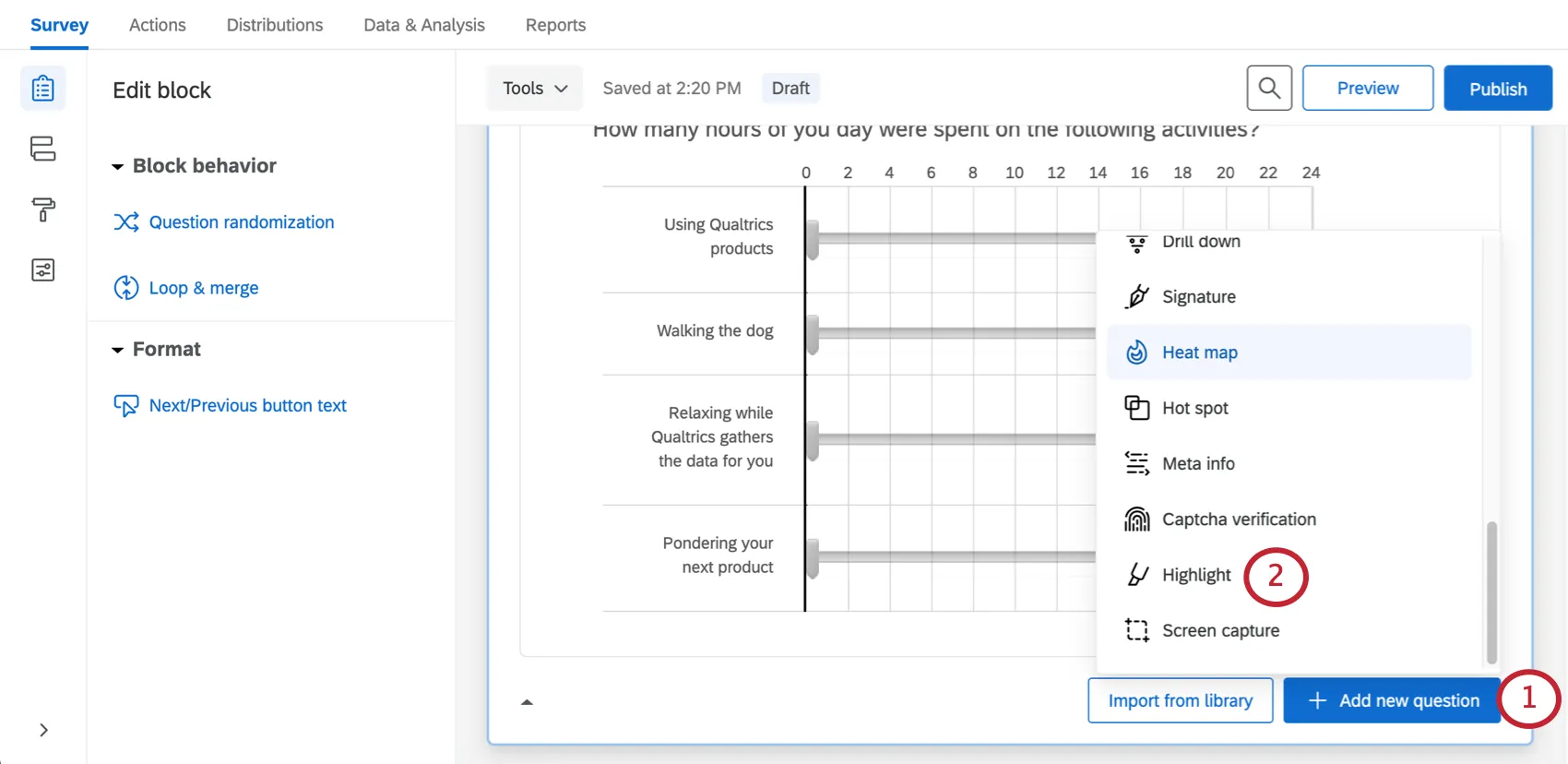Question types dropdown beside the add new question button