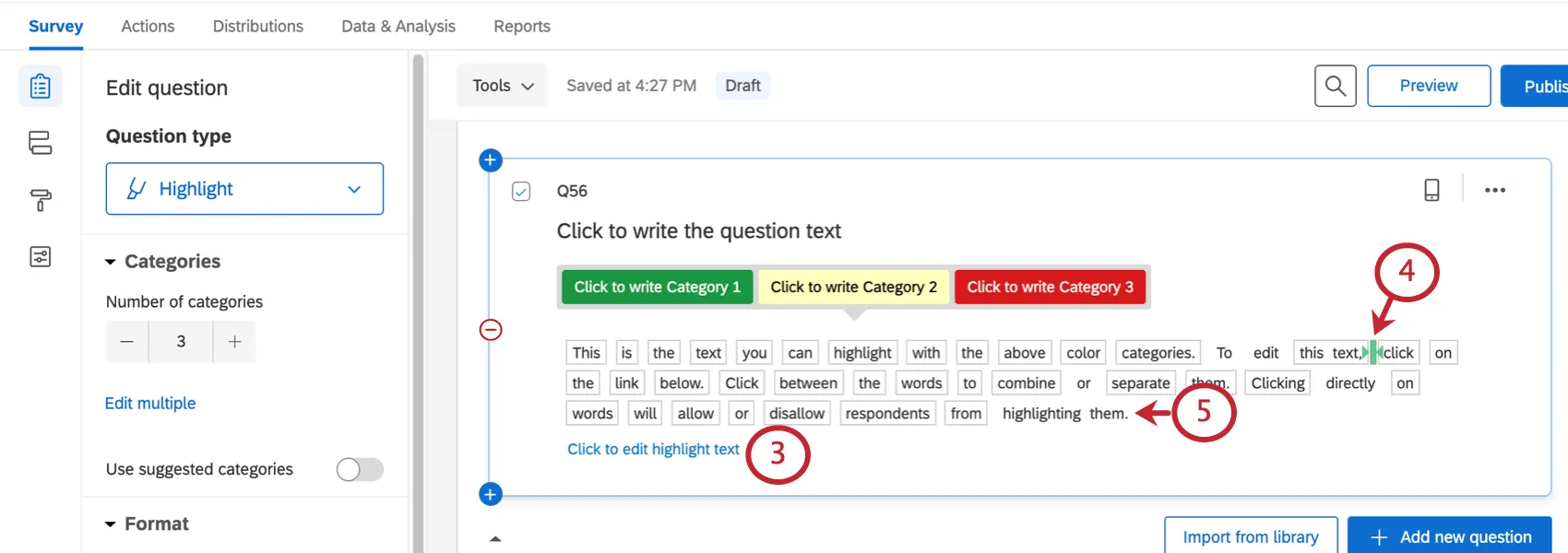Image shows Moving the divider between words on highlight questions. Selecting a word to eliminate it.